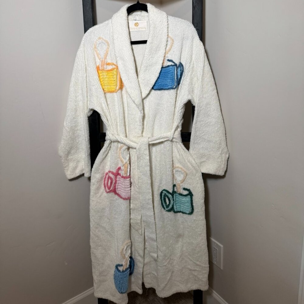 Vintage Stan Herman White Chenille Robe — Colorful Coffee Cups - VINTAGE - Picture 2 of 11